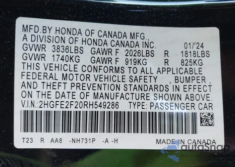 2024 Honda Civic Lx z USA, uszkodzony, nr VIN 2HGFE2F20RH549286